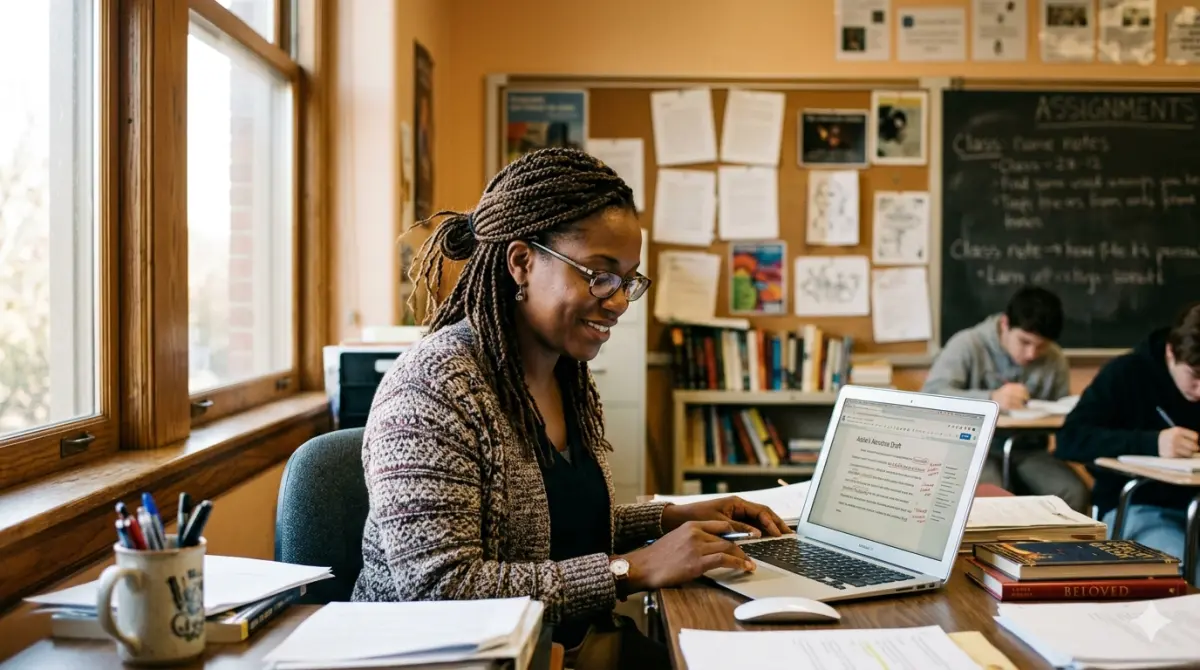 A teacher reviewing student writing on a laptop in a classroom