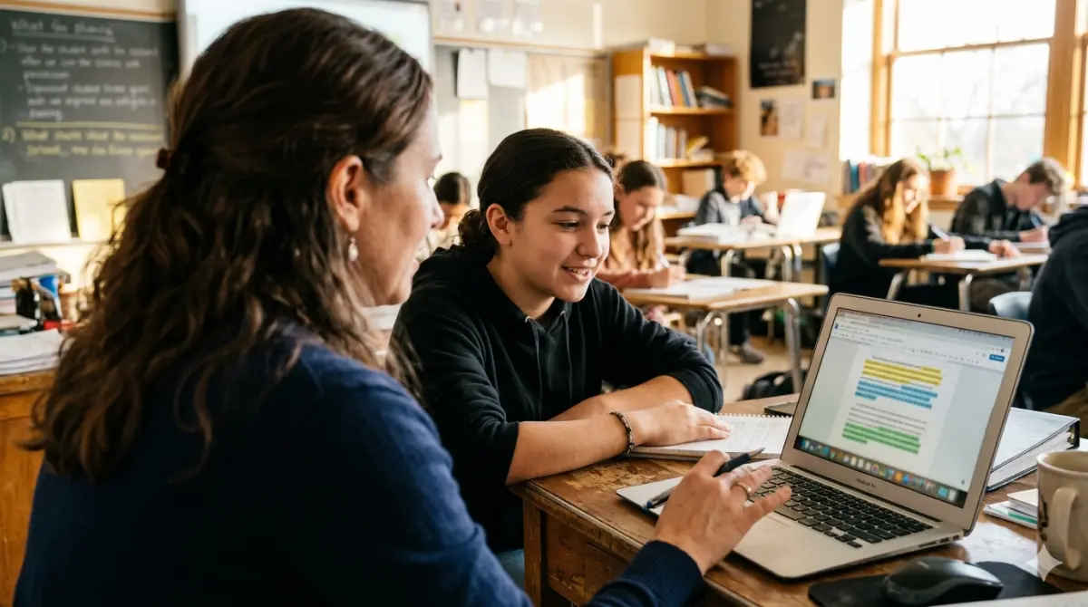 A teacher reviewing a student's writing with the authenticity timeline visible on screen